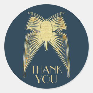 Art Deco Butterfly Blue Gold "Thank You" Classic Round Sticker