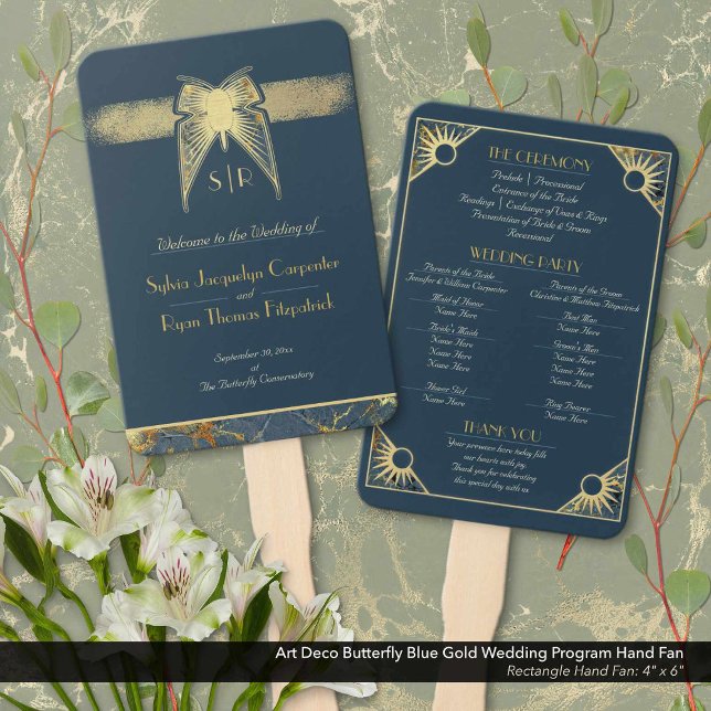 Art Deco Butterfly Blue Gold Wedding Program Hand Fan (Art Deco Butterfly Navy Blue and Antique Gold Wedding Ceremony Program Hand Fan: Size 4" x 6")