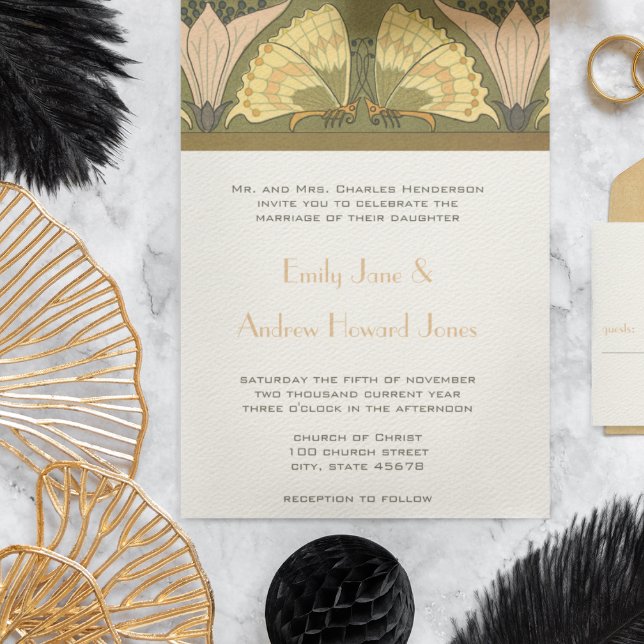 Art Deco Butterfly Calla Lily Wedding Invitation (Creator Uploaded)
