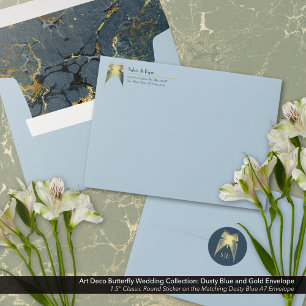 Art Deco Butterfly Dusty Blue and Gold Wedding Envelope