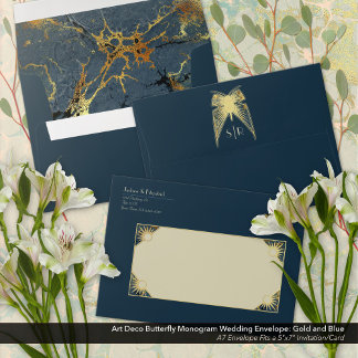 Art Deco Butterfly Monogram Blue and Gold Wedding Envelope