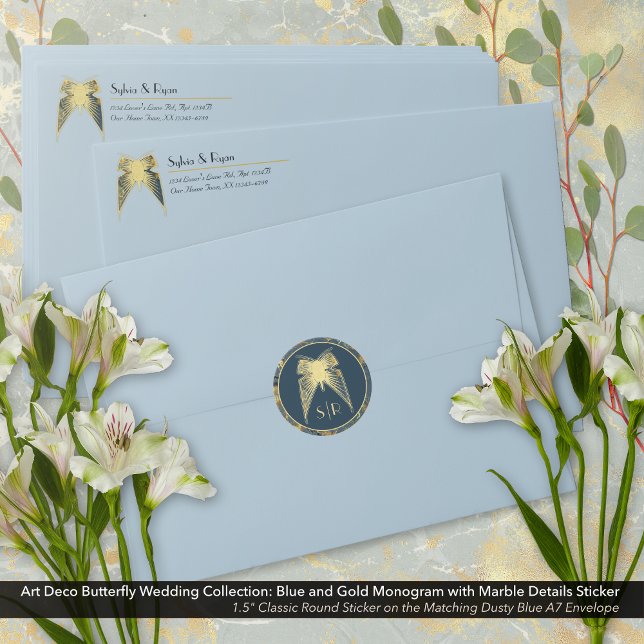 Art Deco Butterfly Monogram Blue Gold Marble Classic Round Sticker (Art Deco Butterfly Blue and Gold Monogram with Marble Sticker on the Dusty Blue Envelope.)