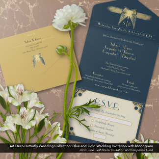 Art Deco Butterfly Monogram Blue Gold Wedding All In One Invitation