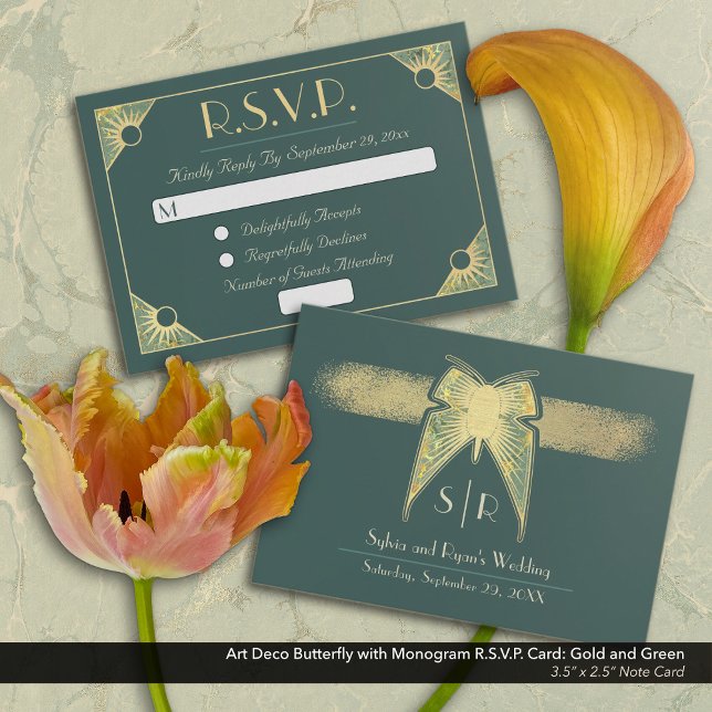 Art Deco Butterfly Monogram Green Gold RSVP Card (Art Deco Butterfly Monogram Green and Gold Response/RSVP Note Card)