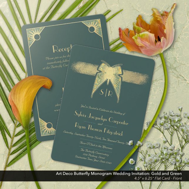 Art Deco Butterfly Monogram Green Gold Wedding  Invitation (Art Deco Butterfly Monogram Green Gold Wedding Invitation - Front)