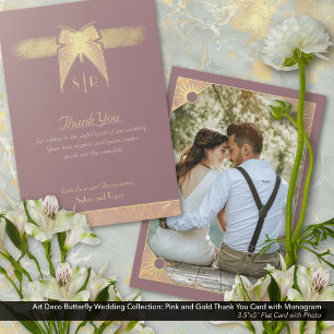 Art Deco Butterfly Monogram Photo Pink Gold Flat Thank You Card