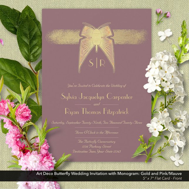 Art Deco Butterfly Monogram Pink and Gold Wedding  Invitation (Art Deco Butterfly Monogram Pink/Mauve and Gold Wedding Invitation - Front)
