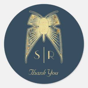 Art Deco Butterfly Monogram "Thank You" Classic Round Sticker