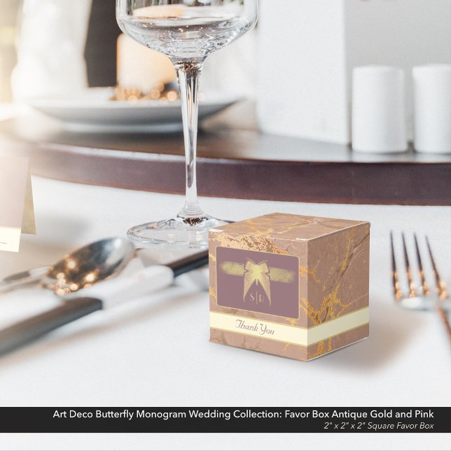 Art Deco Butterfly Wedding Antique Gold and Pink Favour Box (Art Deco Butterfly Monogram Wedding Favor Box: Antique Gold and Pink Marble.)