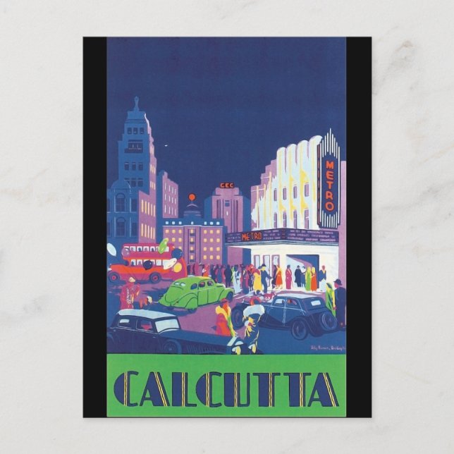 Art Deco Calcutta City Theatre Scene High Contrast Postcard (Front)
