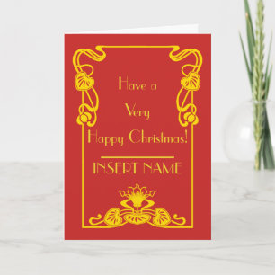 Art Deco Calligraphy Red Gold Christmas Card