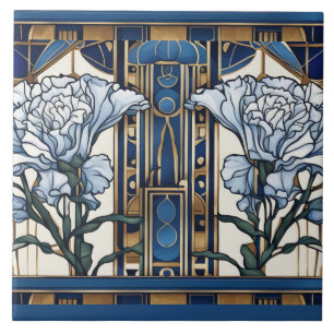 Art Deco Carnation Flowers Art Nouveau Blue Floral Ceramic Tile