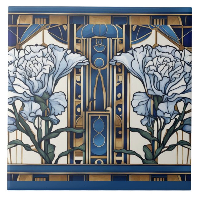 Art Deco Carnation Flowers Art Nouveau Blue Floral Ceramic Tile (Front)