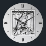 Art Deco carved stone falcon - silver Large Clock<br><div class="desc">A carved stone Art Deco architectural detail rendered in a silver metallic finish</div>