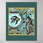 Art Deco Cat and Fish Encounter - Curious Eyes Poster<br><div class="desc">In this striking Art Deco-inspired illustration, a poised cat and an elegant fish share a moment of mutual curiosity. The cat’s intricate striped fur mirrors the hypnotic curves of the fish’s fins, creating a harmonious interplay of lines and patterns. Rich in teal, gold, and black, this design captures a sophisticated,...</div>