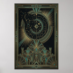 Art Deco Celestial Astrolabe Poster   Gold Teal