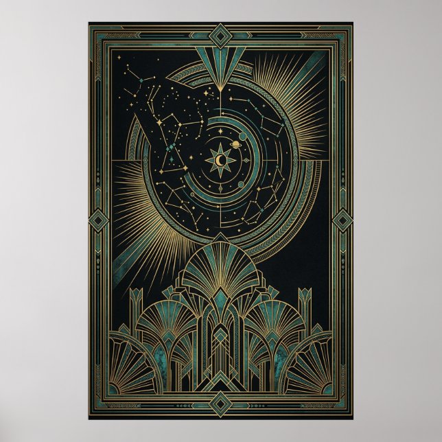Art Deco Celestial Astrolabe Poster | Gold Teal (Front)
