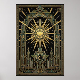 Art Deco Celestial Sun & Moon Poster   Gold Geomet