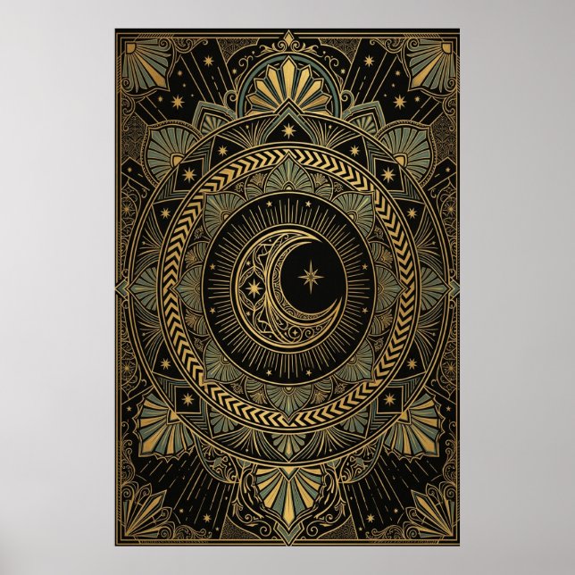 Art Deco Celestial Temple Poster | Gold Sunburst  (Front)