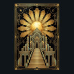Art Deco Celestial Temple Poster | Gold Sunburst<br><div class="desc">Transform your space with this Art Deco Celestial Temple poster. This stunning design features a grand, symmetrical ziggurat rising towards a glowing golden sunburst. With a rich palette of teal, metallic gold tones, and deep black, it perfectly captures the 1920s Gatsby aesthetic. This high-contrast geometric architecture print is ideal for...</div>
