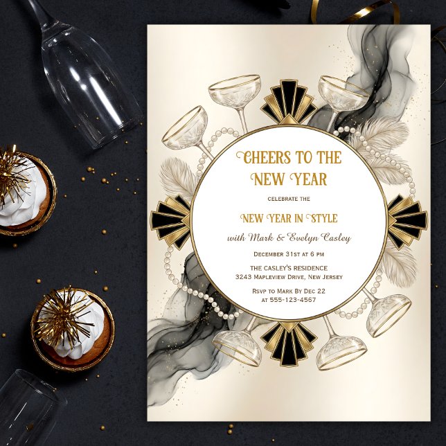 Art Deco Champagne & Pearls Cheers to the New Year Invitation (Cheers to the New Year – Art Deco Champagne & Pearl Wreath, Black & Gold, Personalized)