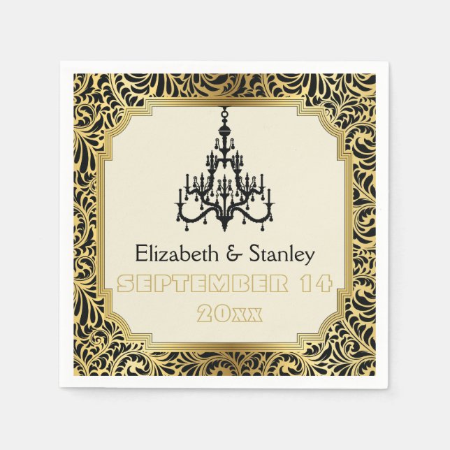 Art Deco chandelier black, gold damask wedding Napkin (Front)