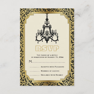 Art Deco chandelier black, gold wedding RSVP