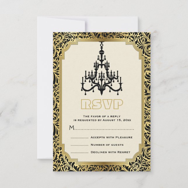 Art Deco chandelier black, gold wedding RSVP (Front)