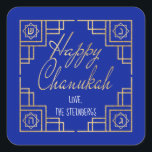 Art Deco Chanukkah  Blue and Gold Design Square Sticker<br><div class="desc">"Chanukah Happy/Gold" Stickers Square. Have fun using these stickers as cake toppers, gift tags, favour bag closures, or whatever rocks your festivities! Background colour can be changed by selecting a different colour from colour swatches. Personalise by deleting text, and adding your own words, using your favourite font style, size, and...</div>