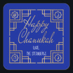Art Deco Chanukkah  Blue and Gold Design Square Sticker<br><div class="desc">"Chanukah Happy/Gold" Stickers Square. Have fun using these stickers as cake toppers, gift tags, favour bag closures, or whatever rocks your festivities! Background colour can be changed by selecting a different colour from colour swatches. Personalise by deleting text, and adding your own words, using your favourite font style, size, and...</div>
