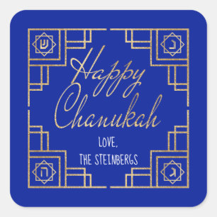 Art Deco Chanukkah  Blue and Gold Design Square Sticker