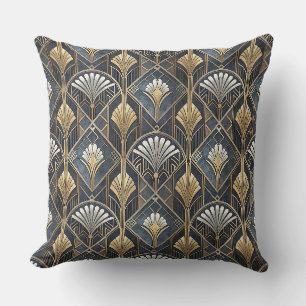 Art Deco Charcoal Black & Gold Geometric Pattern Cushion