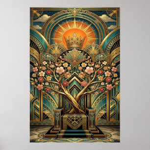 Art Deco Cherry Blossom Tree Throne Gold Teal Poster