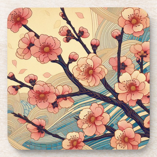 Art Deco Cherry Blossoms Hard plastic coaster set (Front)