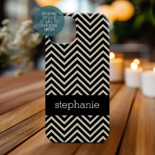 Art Deco Chevrons Beige and Black Custom Name iPhone 15 Case