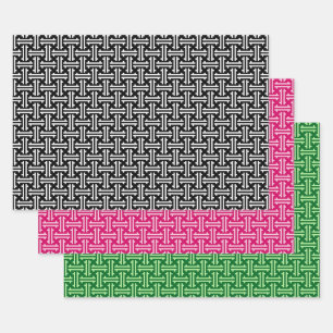 Art Deco Chinese Fret, Black & White, Pink, Green  Wrapping Paper Sheet