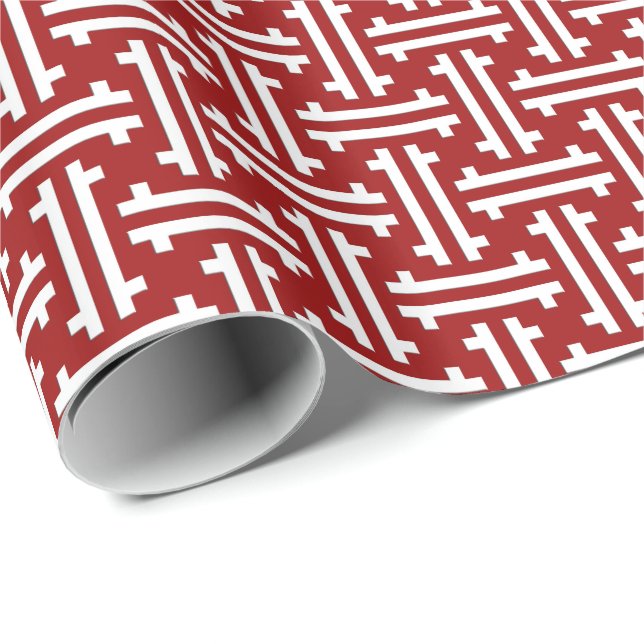 Art Deco Chinese Fret, Dark Red and White Wrapping Paper (Roll Corner)