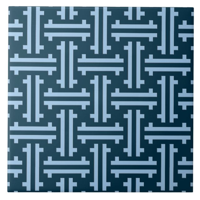 Art Deco Chinese Fret, Indigo and Sky Blue Ceramic Tile (Front)