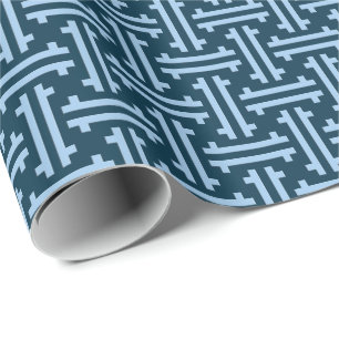 Art Deco Chinese Fret, Indigo and Sky Blue Wrapping Paper