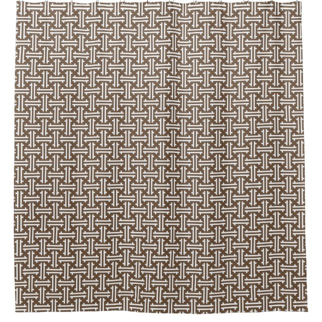 Art Deco Chinese Fret, Taupe Tan and White Shower Curtain (Front)