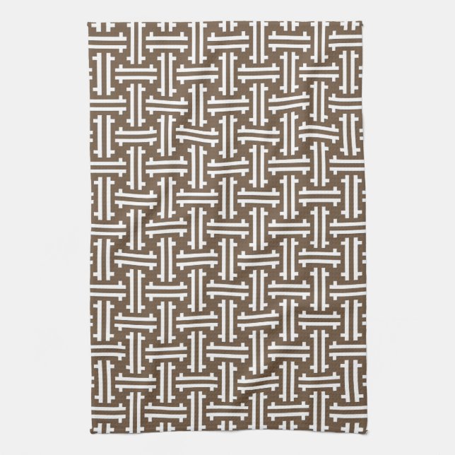 Art Deco Chinese Fret, Taupe Tan and White Tea Towel (Vertical)