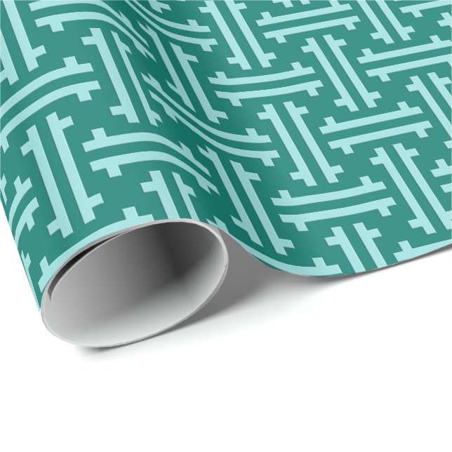Art Deco Chinese Fret, Turquoise and Aqua Wrapping Paper (Roll Corner)
