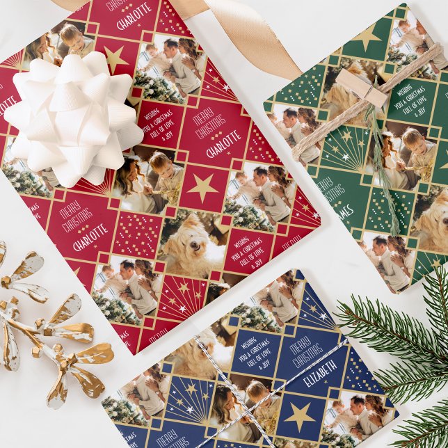 Art Deco Christmas Custom Photos Red Green Blue 3 Wrapping Paper Sheet (Creator Uploaded)