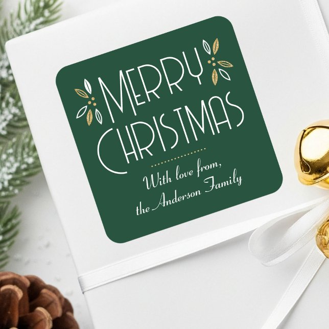 Art Deco Christmas Elegant Typography Green Gold Square Sticker (Creator Uploaded)