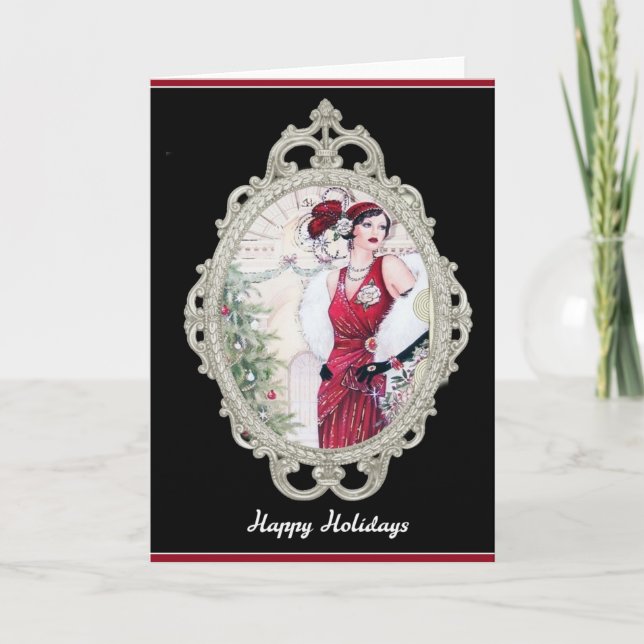 Art Deco Christmas Flapper Woman in Red Holiday Card (Front)