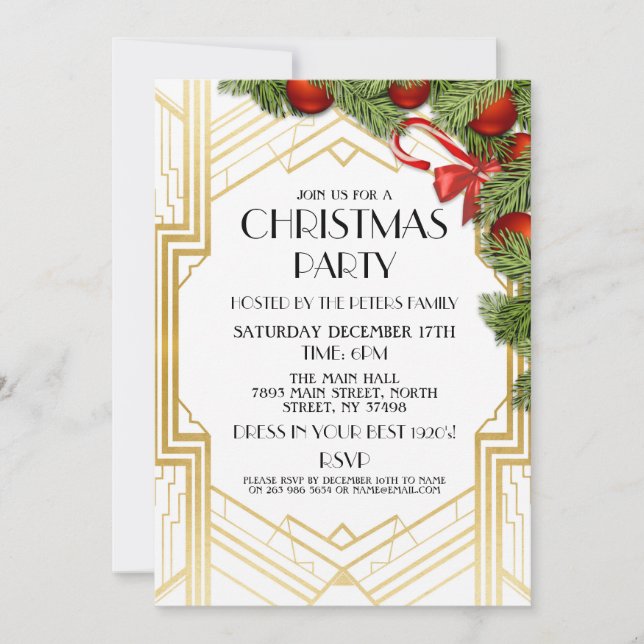 Art Deco Christmas Invite Gatsby 1920's Party Gold (Front)