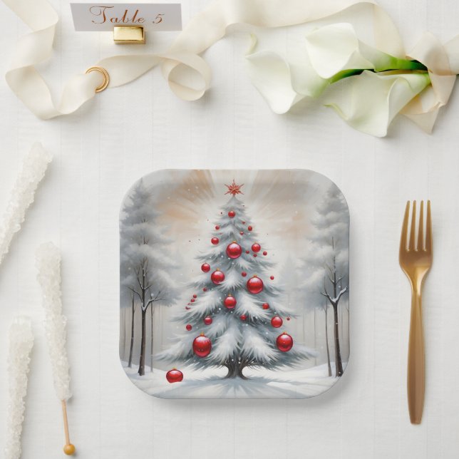 Art Deco Christmas Red Ornaments Winter Paper Plate (Wedding)