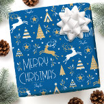 Art Deco Christmas Reindeer Custom Name Blue Gold Wrapping Paper<br><div class="desc">Make your holiday gifts extra special with custom name wrapping paper. This elegant design features vintage-style illustrations inspired by the opulence of the Art Deco era. It includes leaping reindeer, festive Christmas trees and stars, paired with stylish retro typography. Personalise the template with the recipient's name, or your family surname....</div>