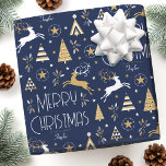 Art Deco Christmas Reindeer Custom Name Dark Blue Wrapping Paper<br><div class="desc">Make your holiday gifts extra special with custom name wrapping paper. This elegant design features vintage-style illustrations inspired by the opulence of the Art Deco era. It includes leaping reindeer, festive Christmas trees and stars, paired with stylish retro typography. Personalise the template with the recipient's name, or your family surname....</div>