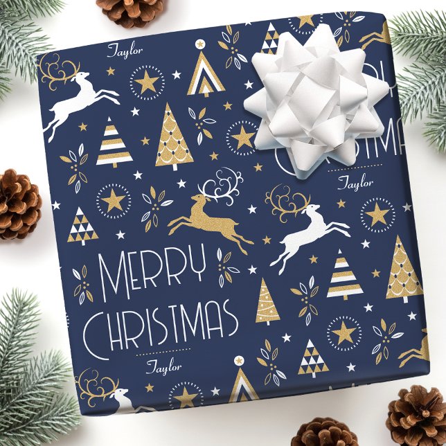 Art Deco Christmas Reindeer Custom Name Dark Blue Wrapping Paper (Creator Uploaded)